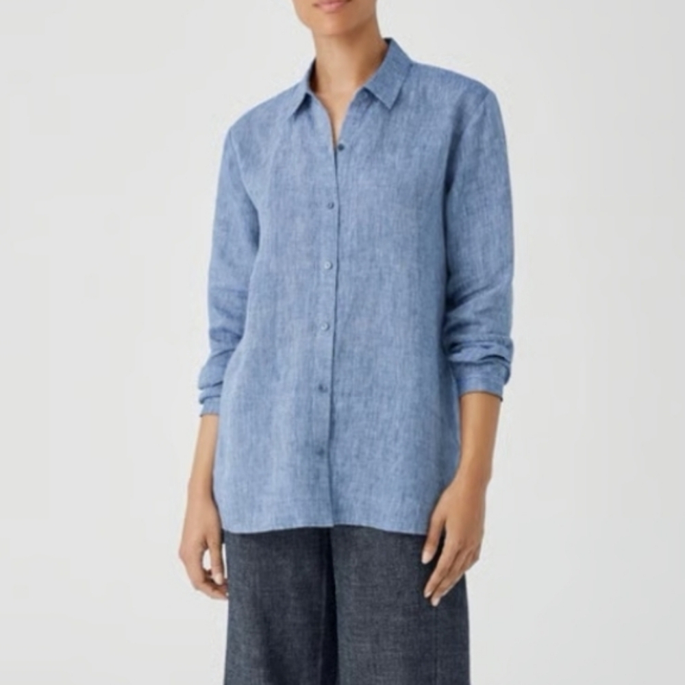 Eileen Fisher Classic Collar Shirt Organic Linen Chambray Blue SzM - Picture 16 of 16